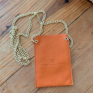Orange Leather Crossbody Phone Bag with Gold Chain